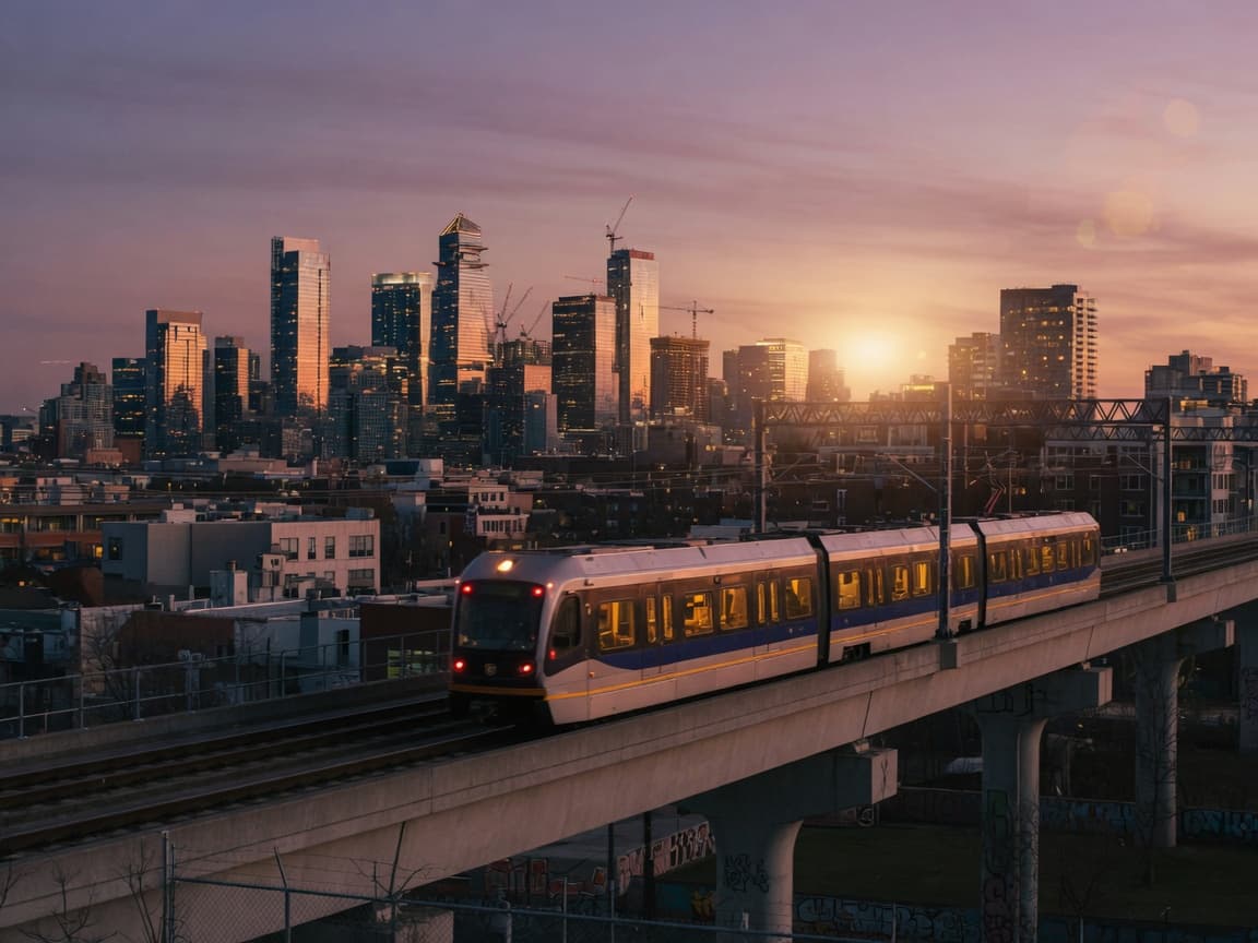 Light-rail train passing through a Canadian downtown at dusk